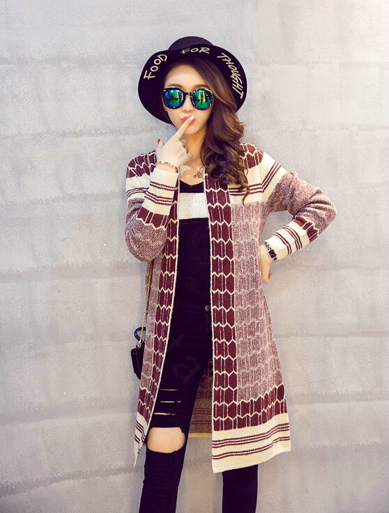Sweater Temperament Ladies Cardigan Coat Long Open Stitch Flat Knitted Fashion - Red