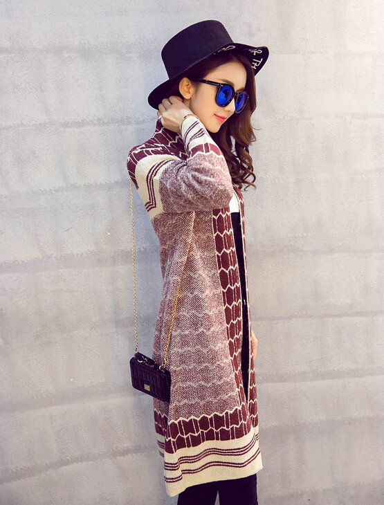 Sweater Temperament Ladies Cardigan Coat Long Open Stitch Flat Knitted Fashion - Red