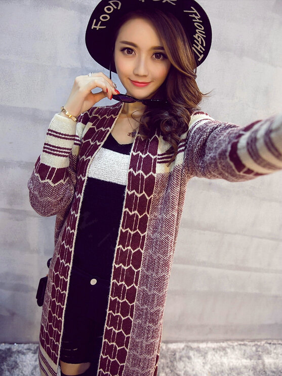 Sweater Temperament Ladies Cardigan Coat Long Open Stitch Flat Knitted Fashion - Red