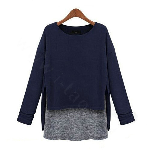 Sweater Women Fashion Casual Cotton Fake Two Knitted - Blue