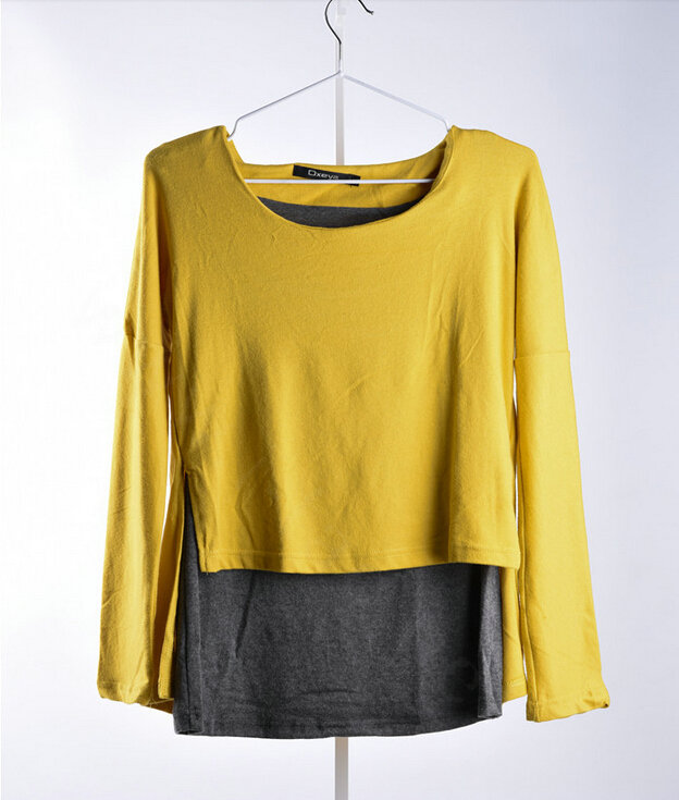 Sweater Women Fashion Casual Cotton Fake Two Knitted - Yellow