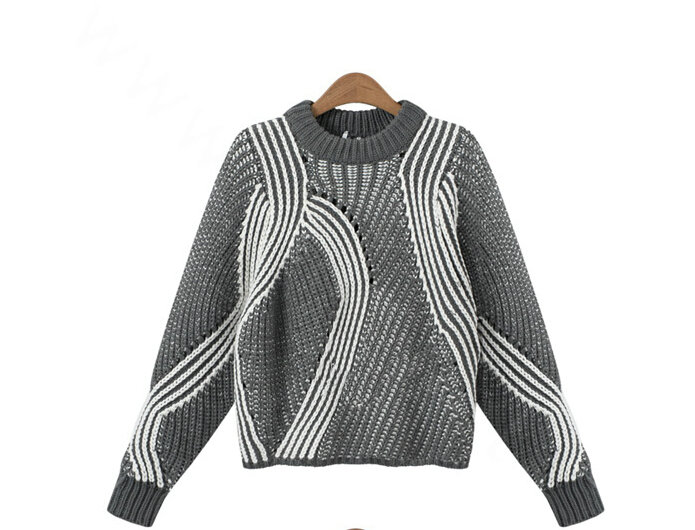 Sweaters Fashion Short Pullover Women Vintage Stripe Long Sleeve O-Neck Knitted - Grey