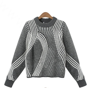 Sweaters Fashion Short Pullover Women Vintage Stripe Long Sleeve O-Neck Knitted - Grey