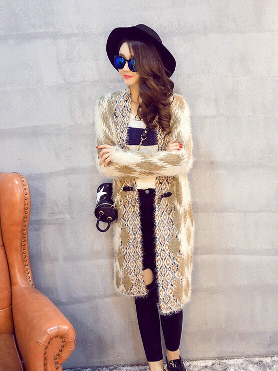 Temperament Winter Sweater Cardigan Coat Female Long Thick Warm - Beige Khaki