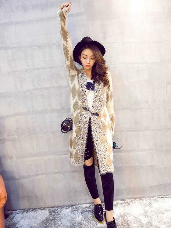 Temperament Winter Sweater Cardigan Coat Female Long Thick Warm - Beige Khaki