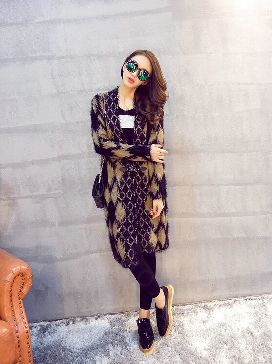 Temperament Winter Sweater Cardigan Coat Female Long Thick Warm - Black Khaki