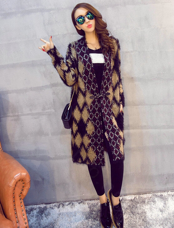 Temperament Winter Sweater Cardigan Coat Female Long Thick Warm - Black Khaki