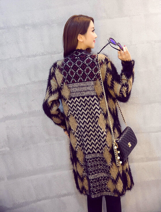Temperament Winter Sweater Cardigan Coat Female Long Thick Warm - Black Khaki