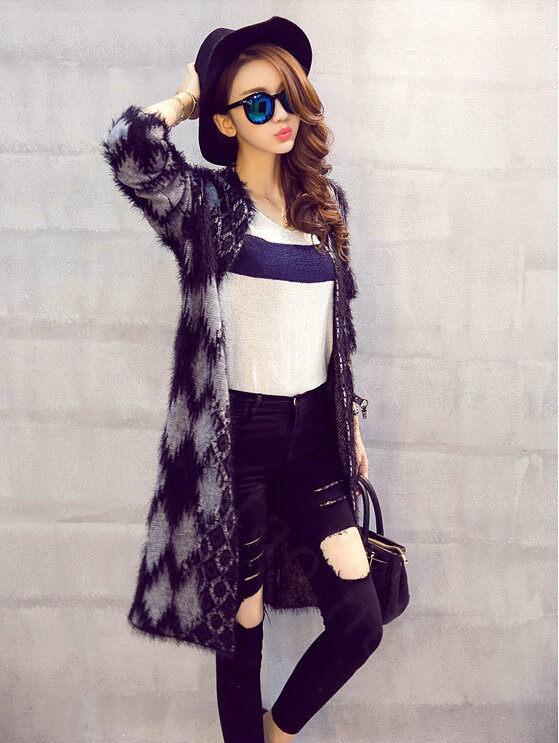 Temperament Winter Sweater Cardigan Coat Female Long Thick Warm - Black
