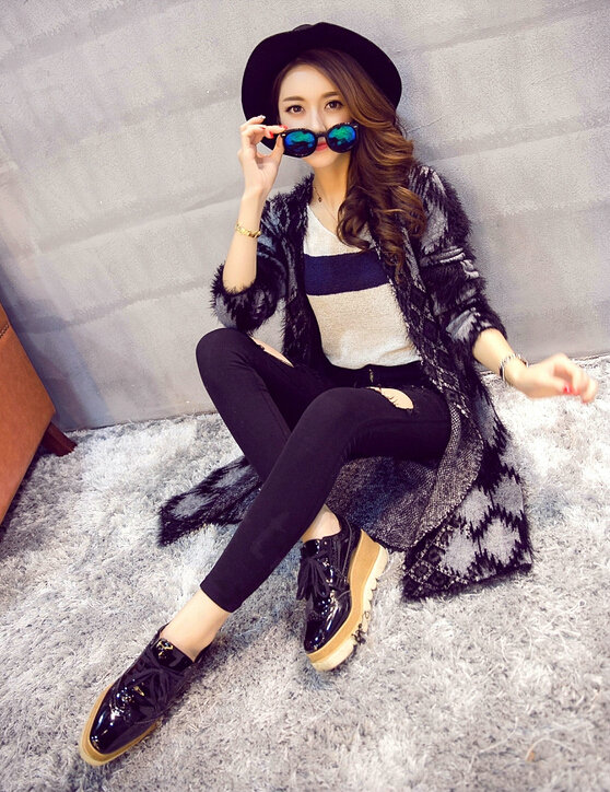 Temperament Winter Sweater Cardigan Coat Female Long Thick Warm - Black