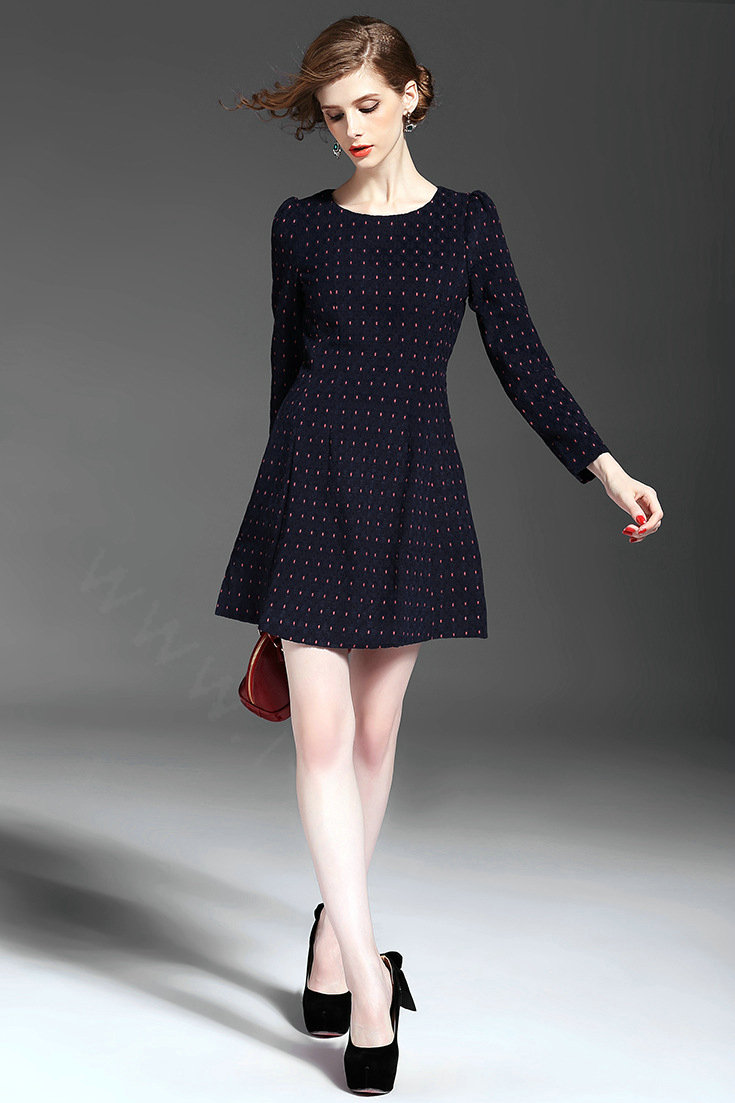 Winter Dresses Dot Velour Knee-Length A-Line Full Sleeve O-Neck - Black