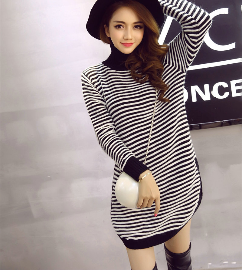 Winter Dresses Downneck Knee-Length Female Striped Personality Split Slim - Black