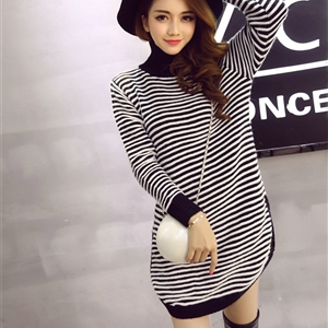 Winter Dresses Downneck Knee-Length Female Striped Personality Split Slim - Black