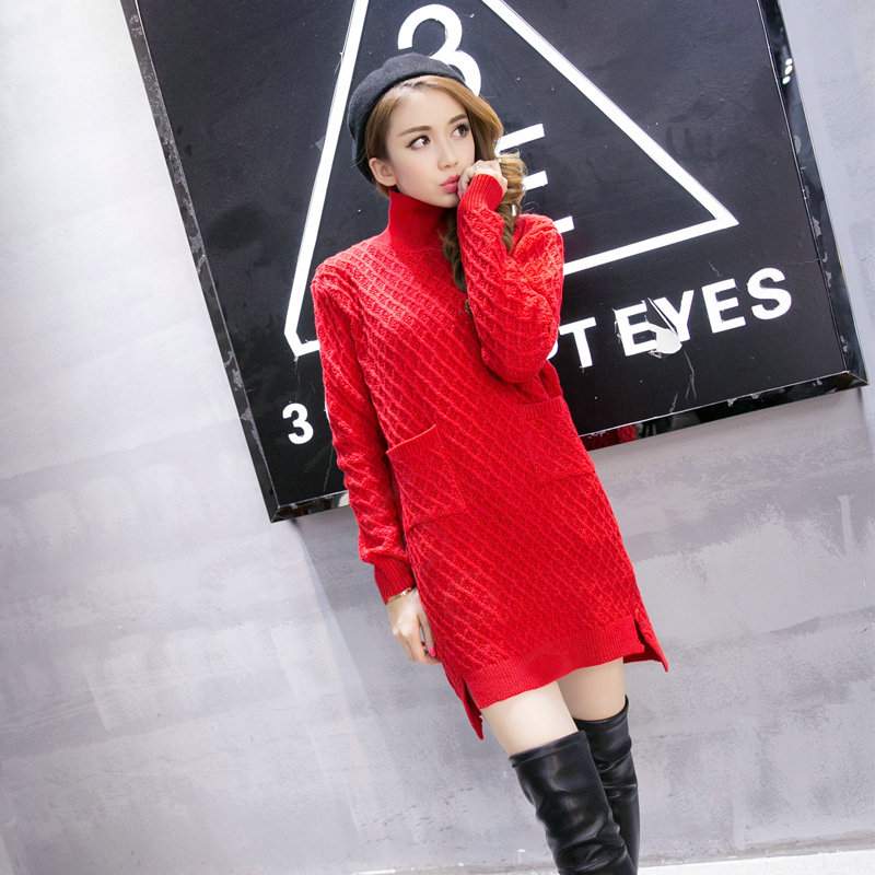 Winter Fashion Dresses Female Turtleneck Slim Split Turtle Neck Long Sleeve - Red