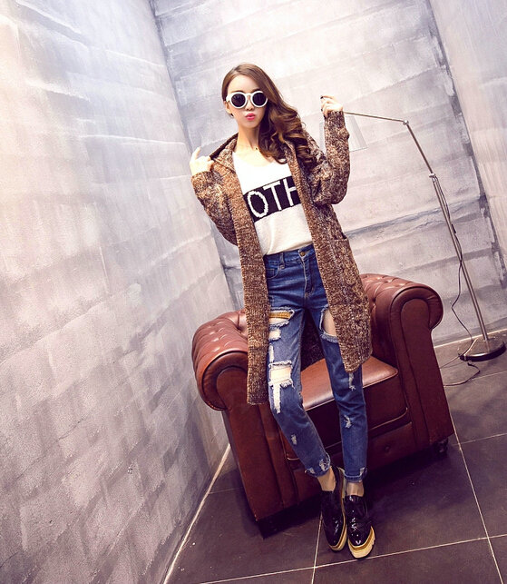 Winter Fashion Female Sweater Cardigan Jacket Thick Warm - Coffee