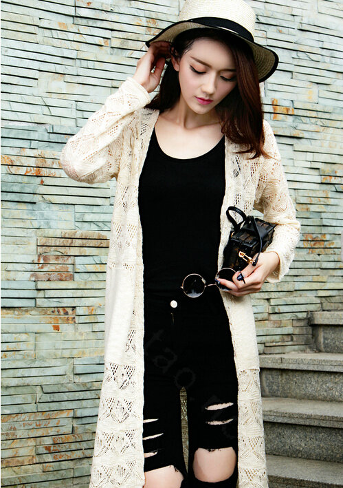 Winter Fashion Sweater Cardigan Coat Hook Hollow Crocheted Open Stitch Solid - Beige