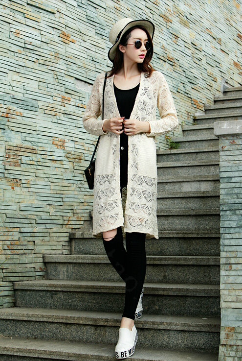 Winter Fashion Sweater Cardigan Coat Hook Hollow Crocheted Open Stitch Solid - Beige