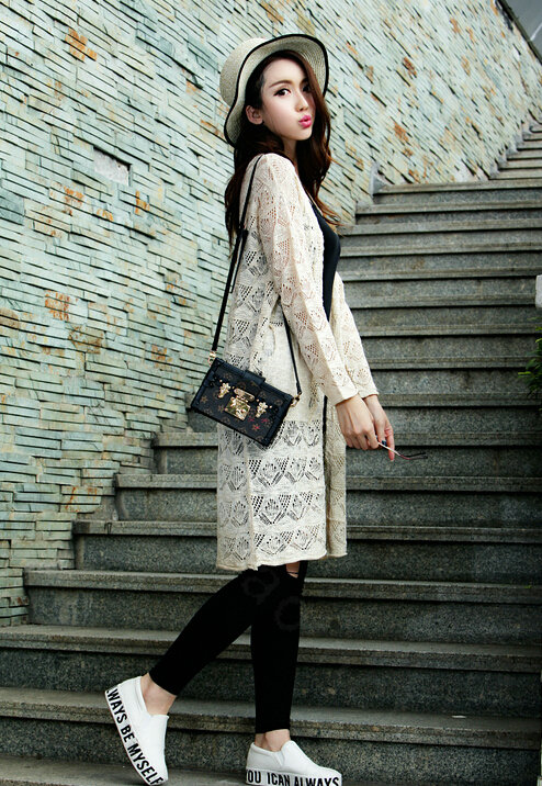 Winter Fashion Sweater Cardigan Coat Hook Hollow Crocheted Open Stitch Solid - Beige