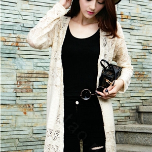 Winter Fashion Sweater Cardigan Coat Hook Hollow Crocheted Open Stitch Solid - Beige