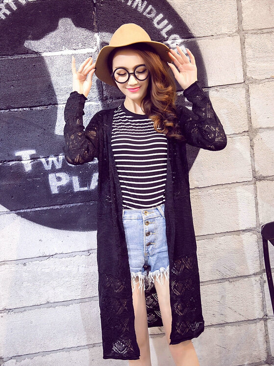 Winter Fashion Sweater Cardigan Coat Hook Hollow Crocheted Open Stitch Solid - Black