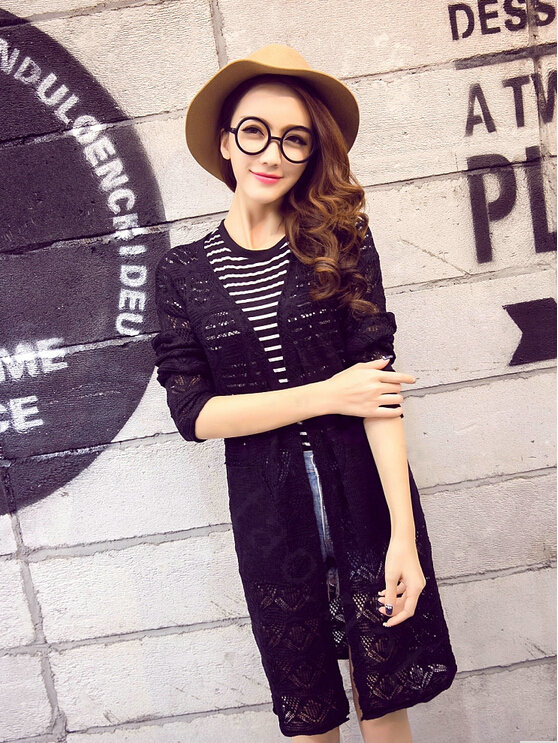 Winter Fashion Sweater Cardigan Coat Hook Hollow Crocheted Open Stitch Solid - Black