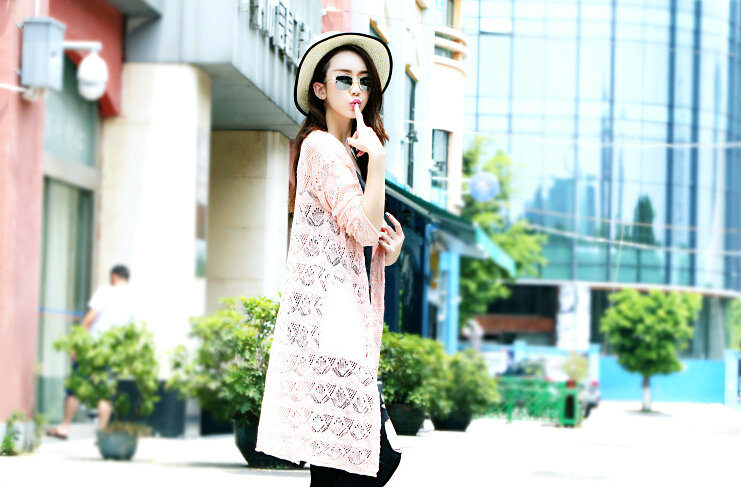 Winter Fashion Sweater Cardigan Coat Hook Hollow Crocheted Open Stitch Solid - Pink