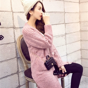 Winter Fashion Sweater Cardigan Coat Women Loose Thin Thick V-Neck Button - Pink