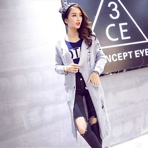 Winter Fashion Sweater Cardigan Thick Coat Girls Long Hole Pocket - Grey