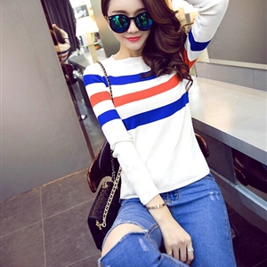 Winter Fashion Sweater Female Color Stripe Flat Knitted Short Full Sleeve - White Blue