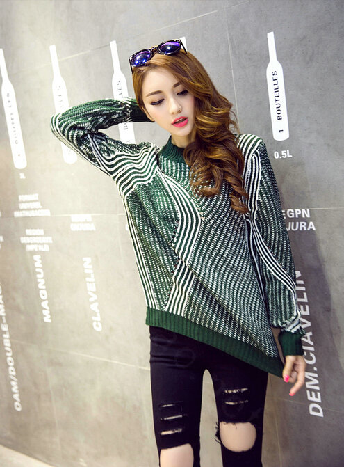 Winter Fashion Sweater Female Loose Bat Sleeve Hollow Stripe Thick - Green