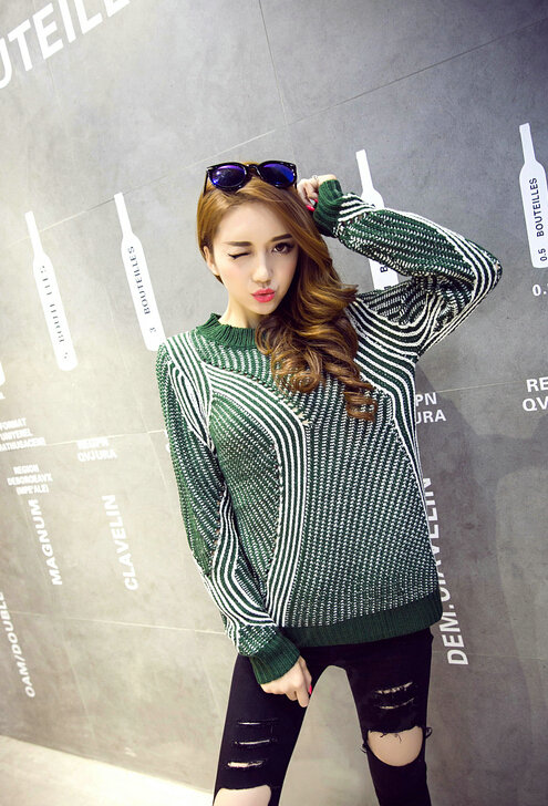 Winter Fashion Sweater Female Loose Bat Sleeve Hollow Stripe Thick - Green