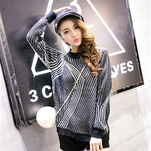 Winter Fashion Sweater Female Loose Bat Sleeve Hollow Stripe Thick - Grey