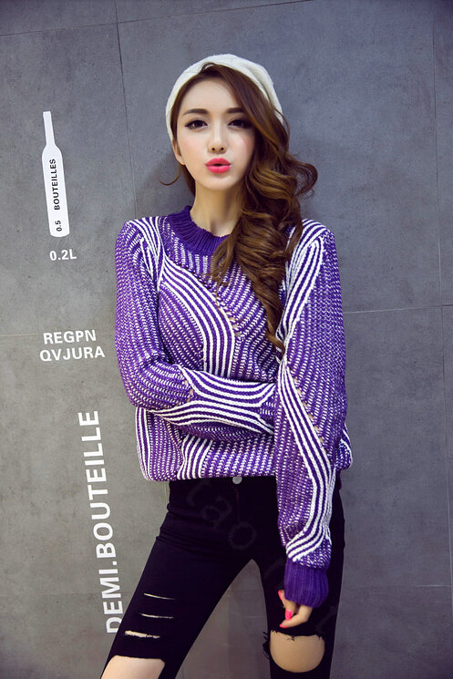 Winter Fashion Sweater Female Loose Bat Sleeve Hollow Stripe Thick - Purple