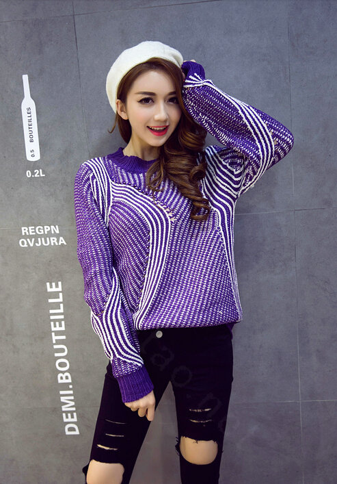 Winter Fashion Sweater Female Loose Bat Sleeve Hollow Stripe Thick - Purple