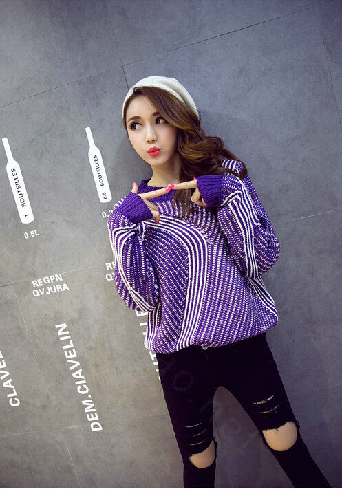 Winter Fashion Sweater Female Loose Bat Sleeve Hollow Stripe Thick - Purple
