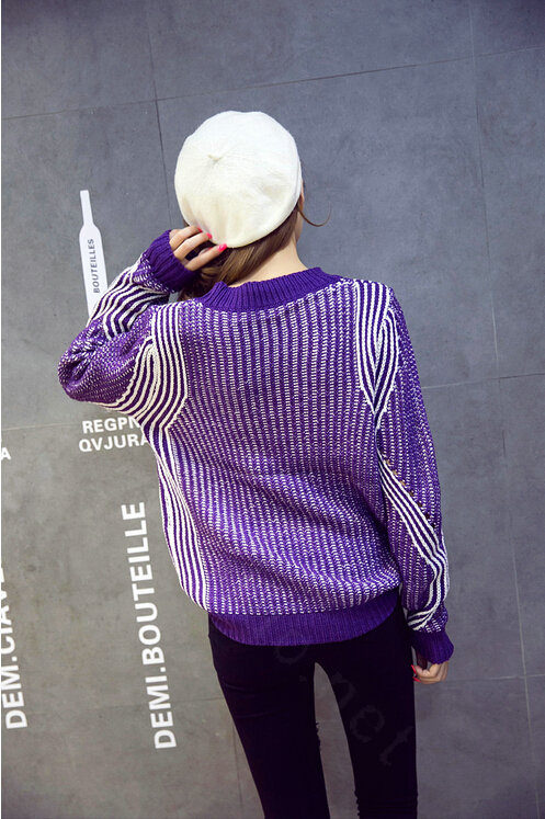 Winter Fashion Sweater Female Loose Bat Sleeve Hollow Stripe Thick - Purple