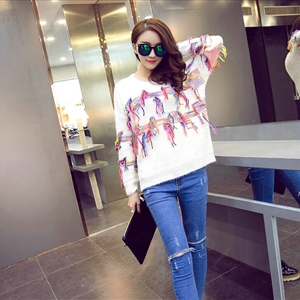 Winter Fashion Sweater Female Tassel Patchwork Hand Knitted Color Mosaic - White