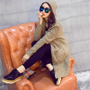 Winter Sweater Cardigan Coat Girls Long Hooded Collar Pockets Thick - Khaki