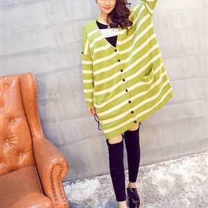 Winter Sweater Cardigan Coat Girls Long Striped Loose Large Size - Green