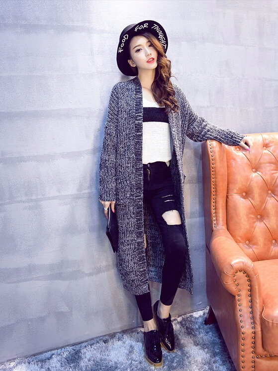 Winter Sweater Cardigan Hand Knitted Female Long Street Fashion Warm Pocket - Grey