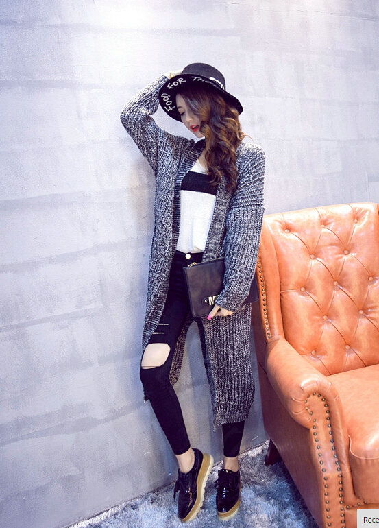 Winter Sweater Cardigan Hand Knitted Female Long Street Fashion Warm Pocket - Grey