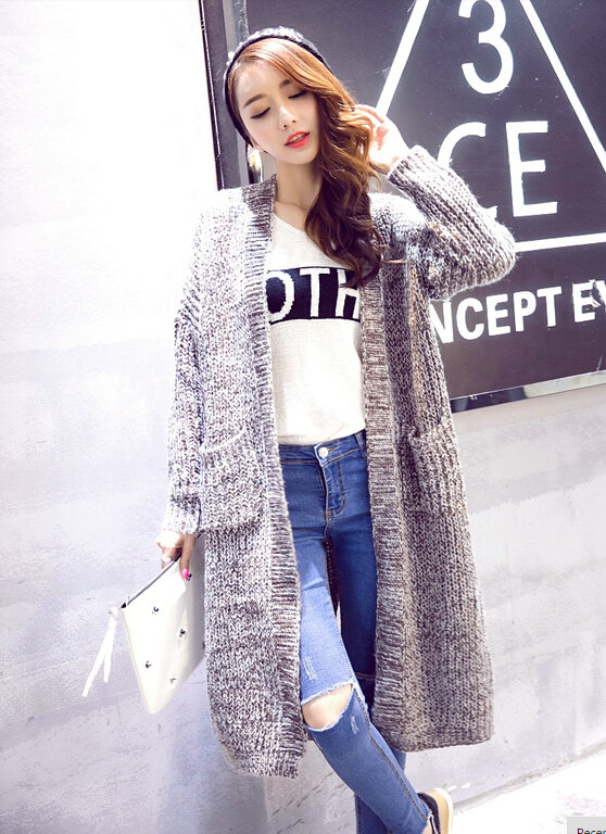 Winter Sweater Cardigan Hand Knitted Female Long Street Fashion Warm Pocket - Khaki