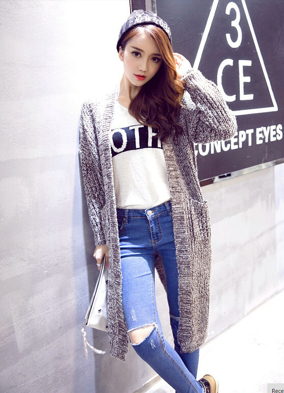 Winter Sweater Cardigan Hand Knitted Female Long Street Fashion Warm Pocket - Khaki