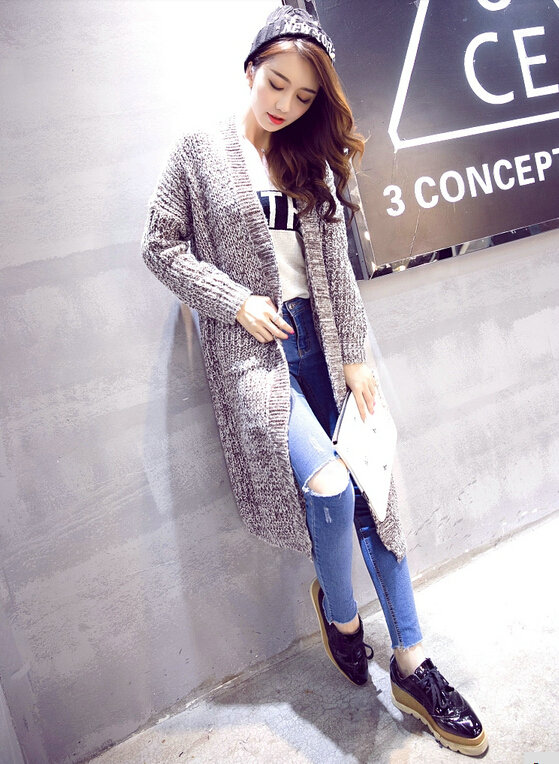 Winter Sweater Cardigan Hand Knitted Female Long Street Fashion Warm Pocket - Khaki