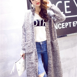 Winter Sweater Cardigan Hand Knitted Female Long Street Fashion Warm Pocket - Khaki