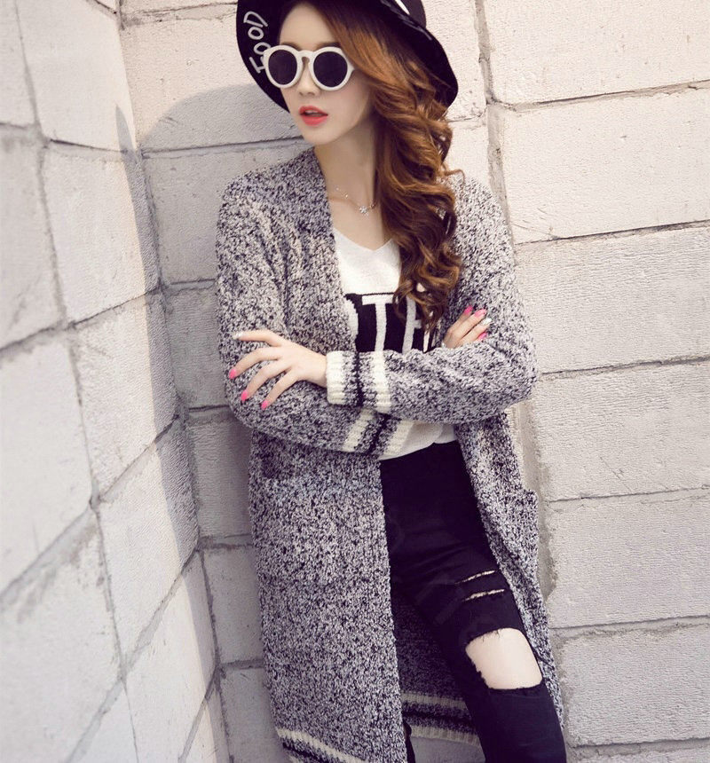 Winter Sweater Coat Female Thick Jacquard V Collar Long Slim Pockets - Grey