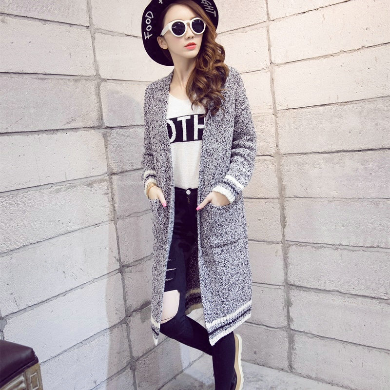 Winter Sweater Coat Female Thick Jacquard V Collar Long Slim Pockets - Grey