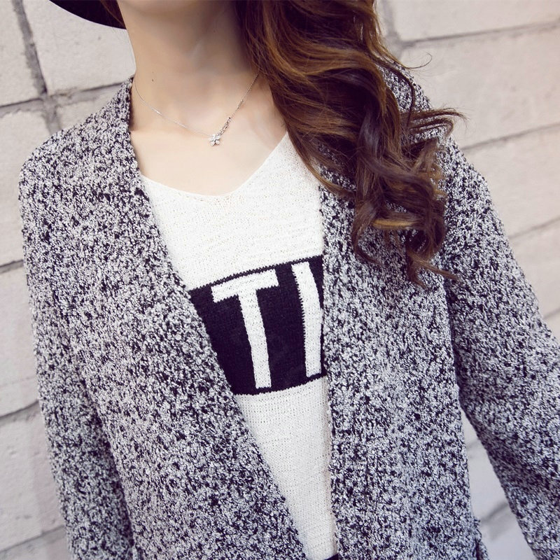 Winter Sweater Coat Female Thick Jacquard V Collar Long Slim Pockets - Grey