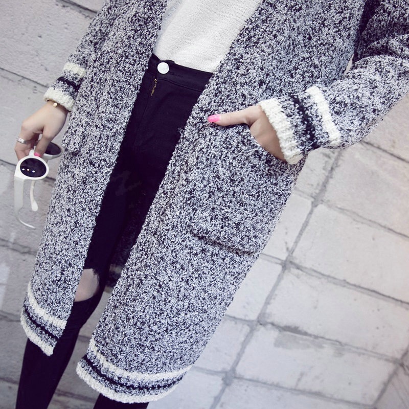 Winter Sweater Coat Female Thick Jacquard V Collar Long Slim Pockets - Grey