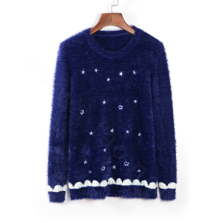 Winter Sweater Comfort O-Neck Thick Thin Wool Embroidery Girl - Blue